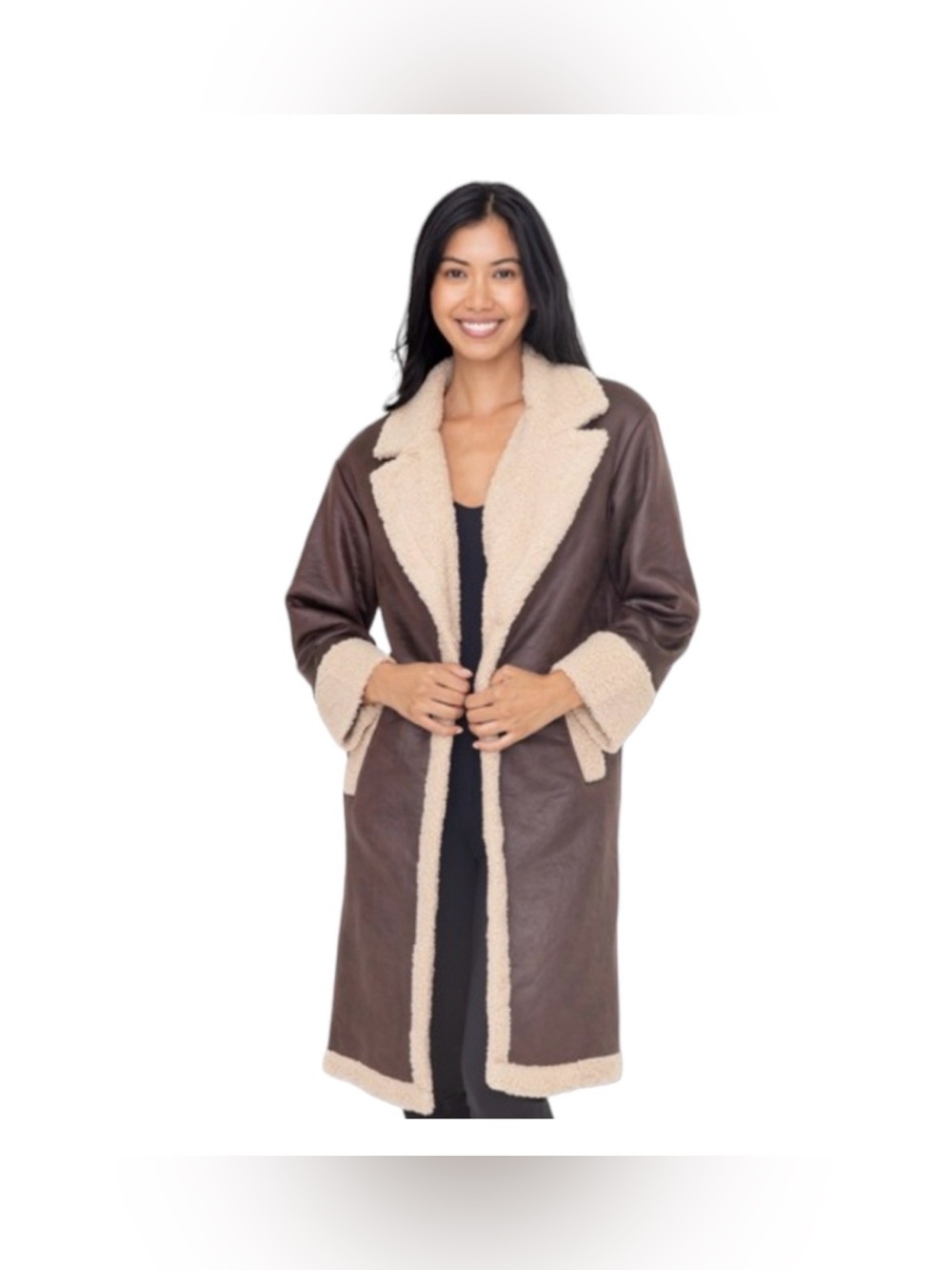 Mono B Brown Faux Shearling-Trim Long Coat